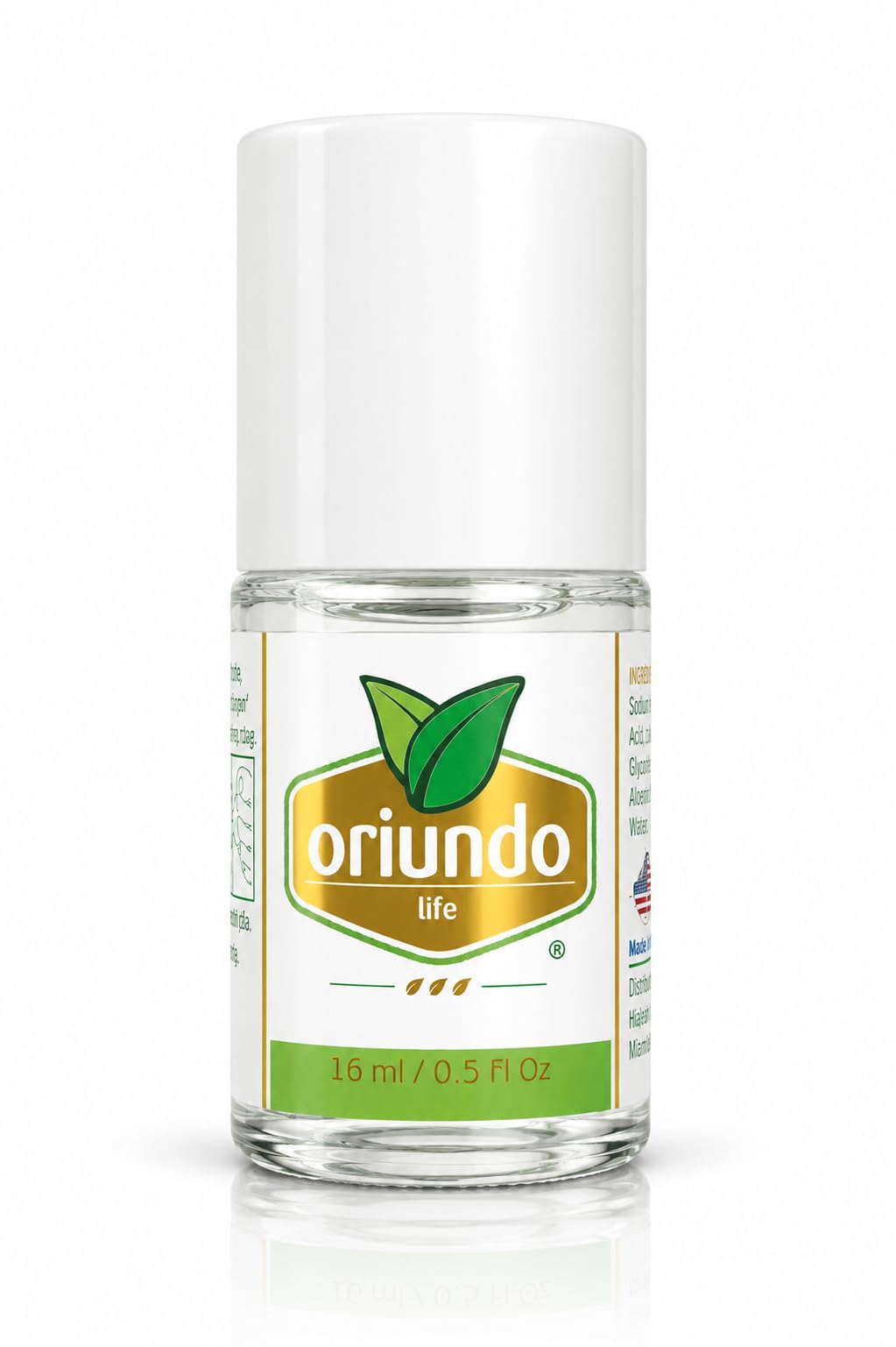 oriundo life front packaging showing protective box and bottle benefit: safe transit