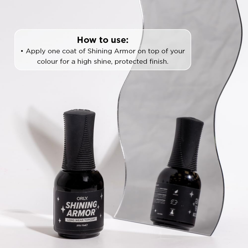 Orly Shining Armor texture close-up on painted nail, brand shows smooth high-gloss benefit
