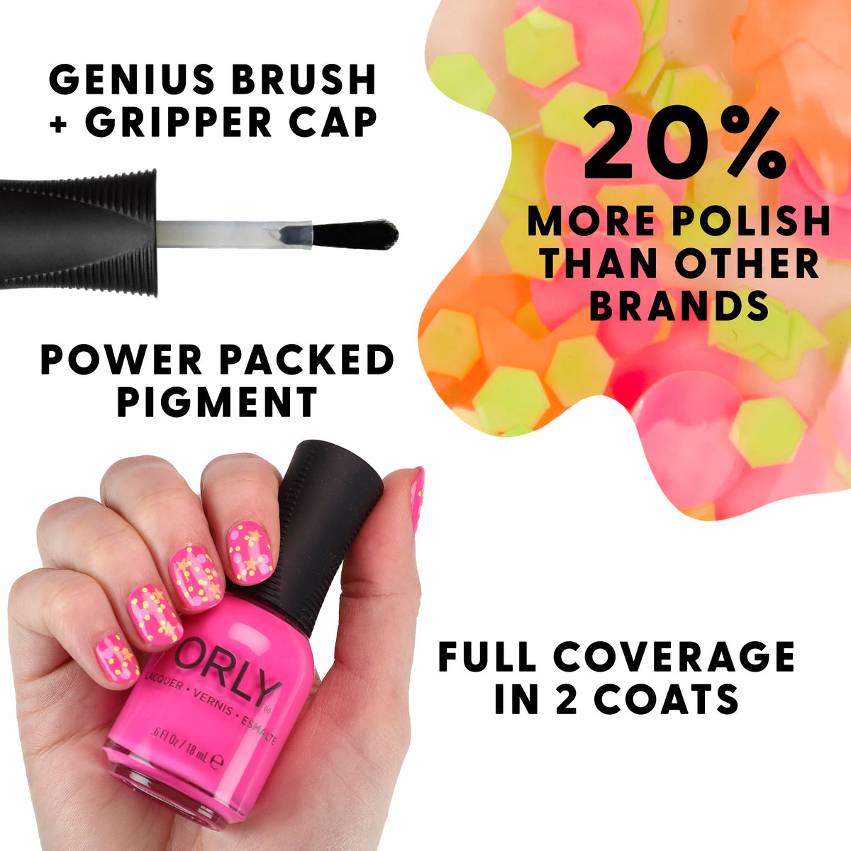 Orly That’s Hot swatch on model hand showing vivid neon pink and glossy shine