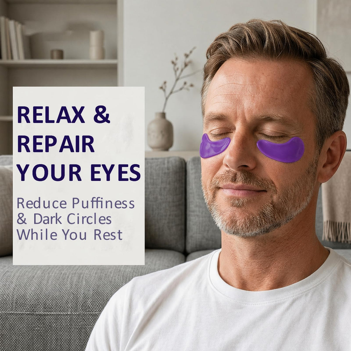 OROS MEN patch applied under male model's eye demonstrating de-puffing benefit
