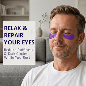 OROS MEN patch applied under male model's eye demonstrating de-puffing benefit