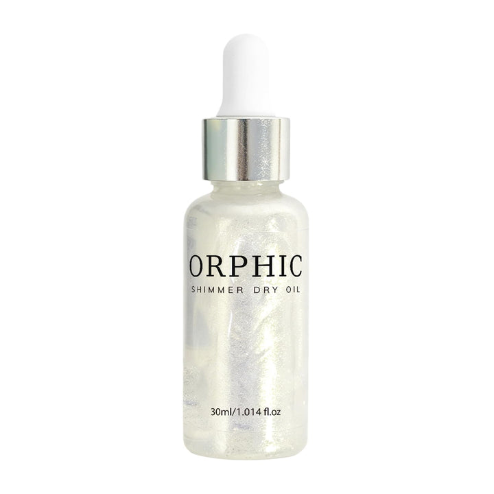 Orphic Shimmer bottle front view showing compact travel-friendly packaging and glow