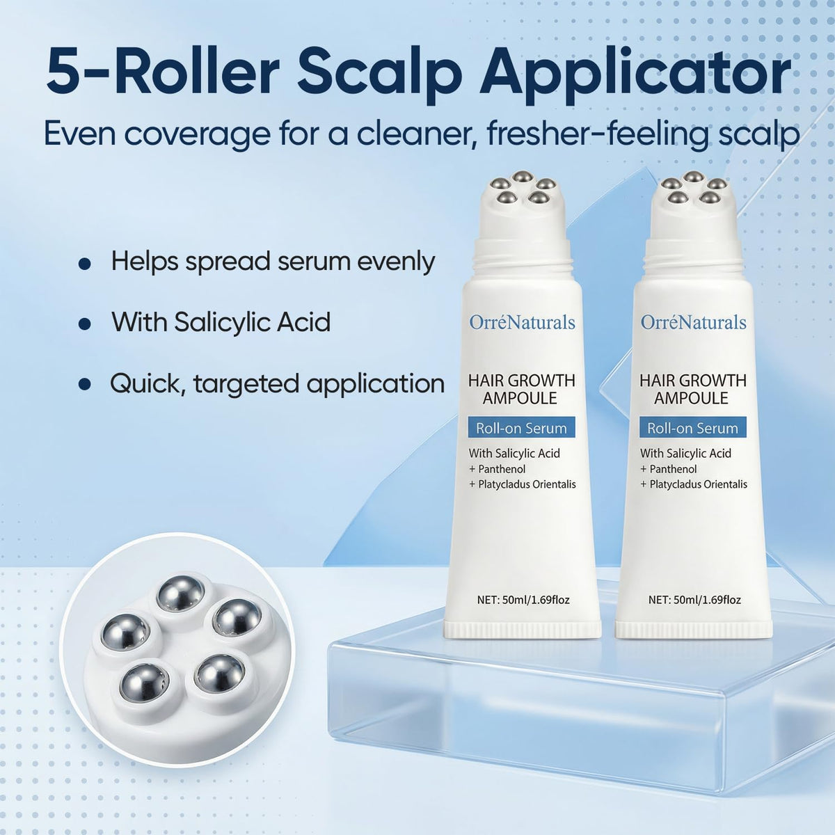 ORRÉNATURALS five-roller applicator close-up showing even product spread