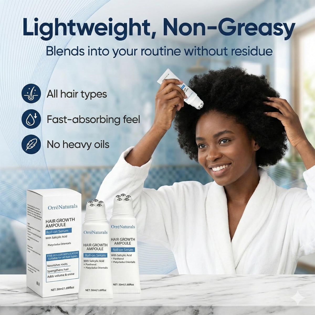 ORRÉNATURALS serum texture droplet highlighting lightweight, fast-absorbing finish