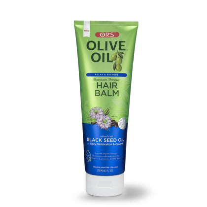 ORS olive oil balm jar front view showing label and moisturizing benefit
