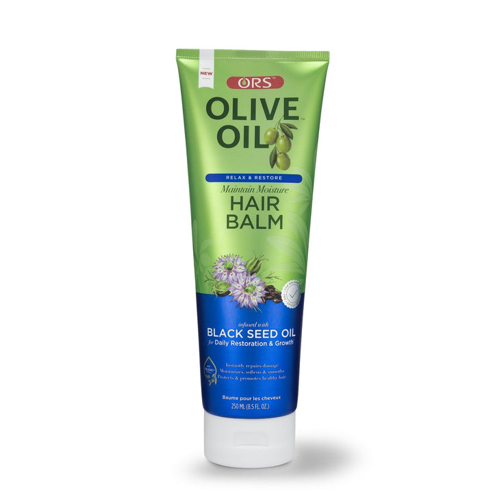 ORS olive oil balm jar front view showing label and moisturizing benefit