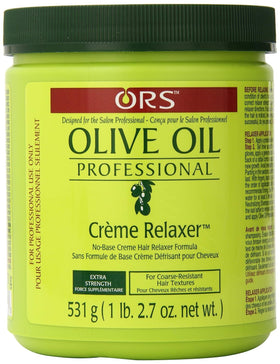 ORS olive oil relaxer front tub showing label and size for easy identification and choice