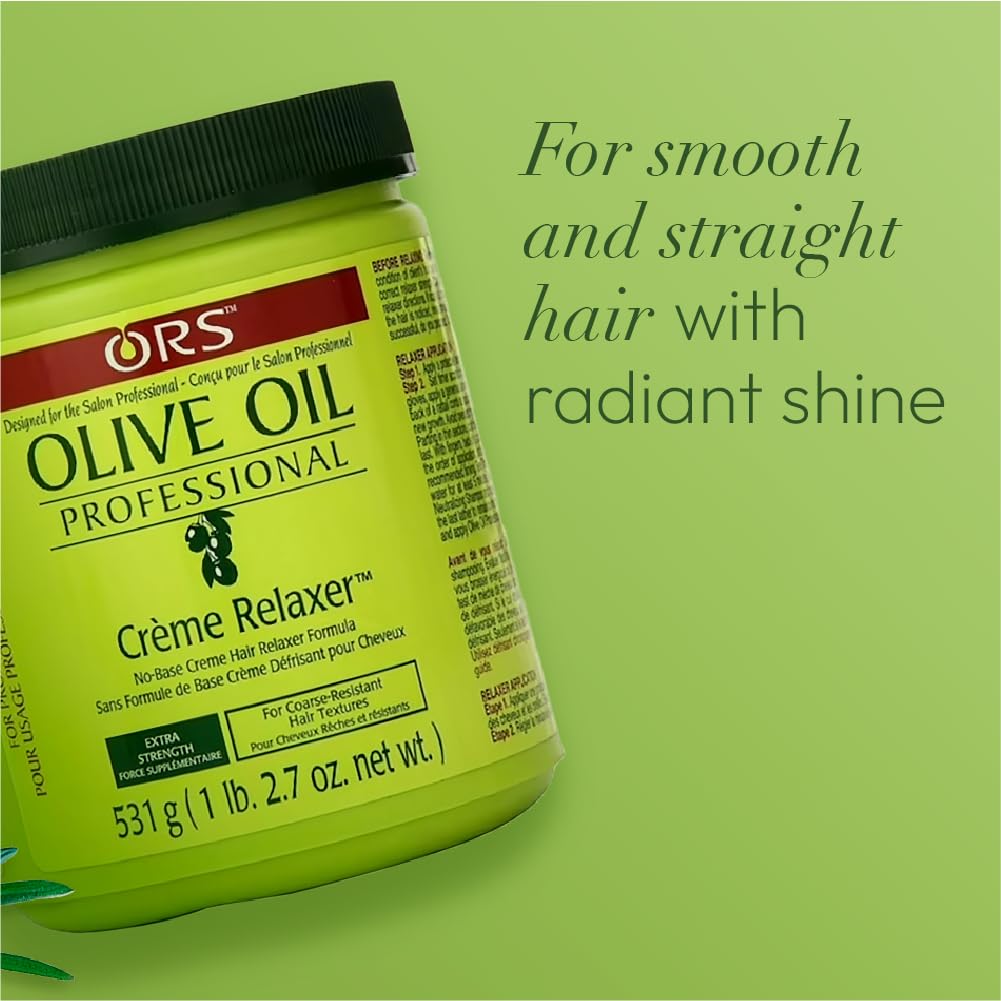 ORS olive oil relaxer next to ruler size comparison highlighting 18.75 ounce value