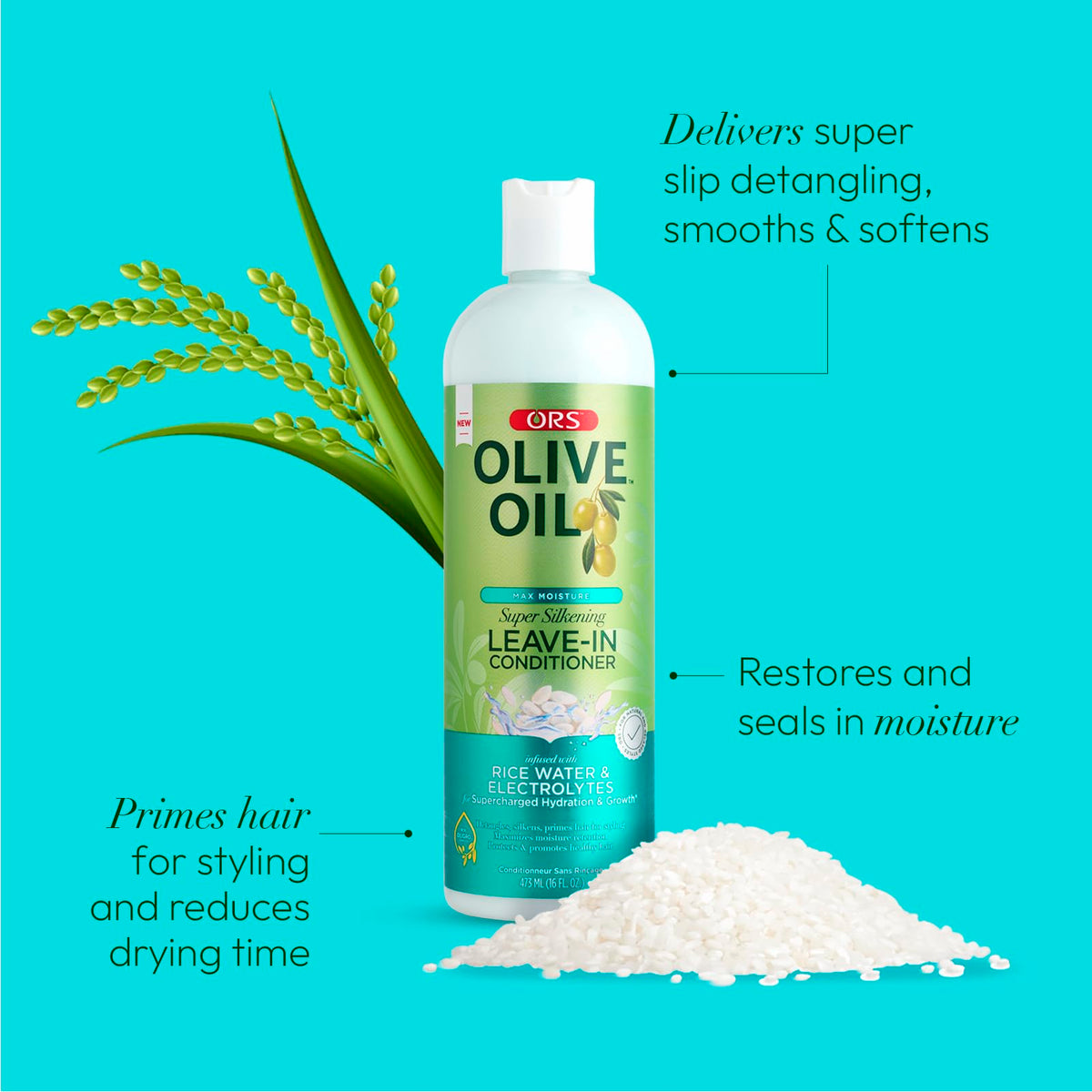 Pouring ORS olive oil leave-in conditioner to show lightweight consistency