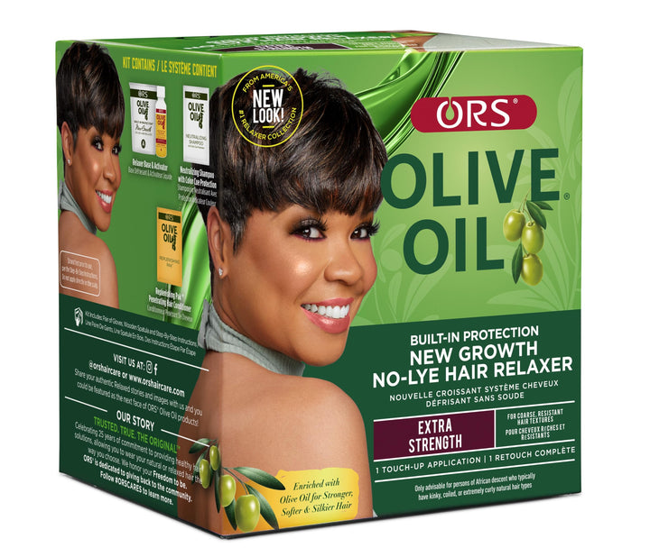 ORS olive oil relaxer front packaging showing kit and benefits