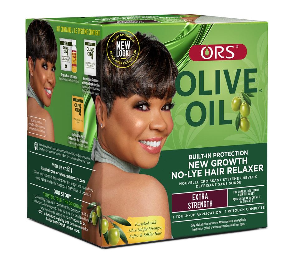 ORS olive oil relaxer front packaging showing kit and benefits