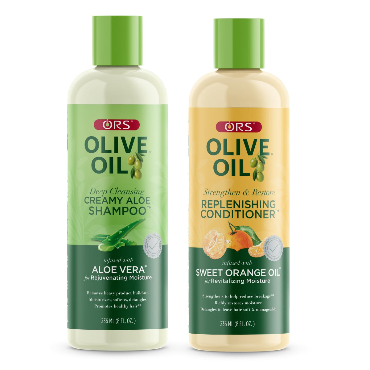 ORS front packaging of shampoo and conditioner showing full set benefits