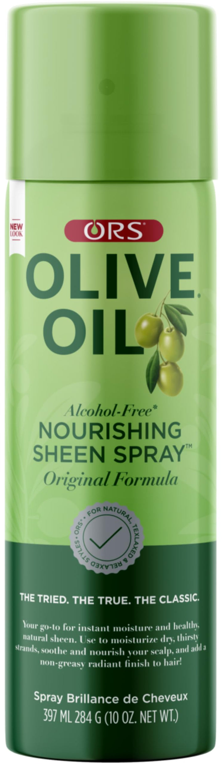 ORS Olive Oil sheen spray front packaging showing glossy finish benefit