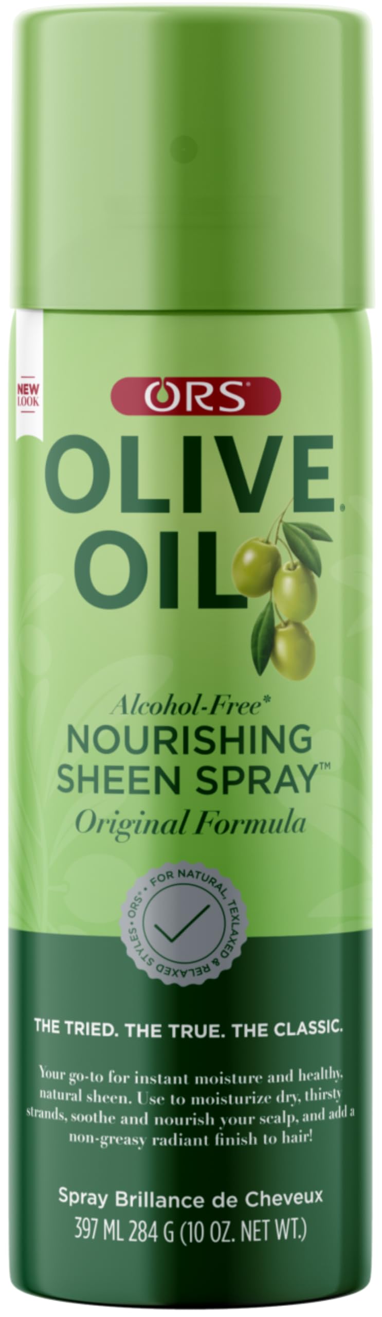 ORS Olive Oil sheen spray front packaging showing glossy finish benefit