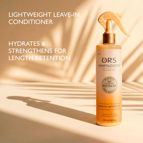 ORS spray in use on damp curls demonstrating detangling and frizz control benefit