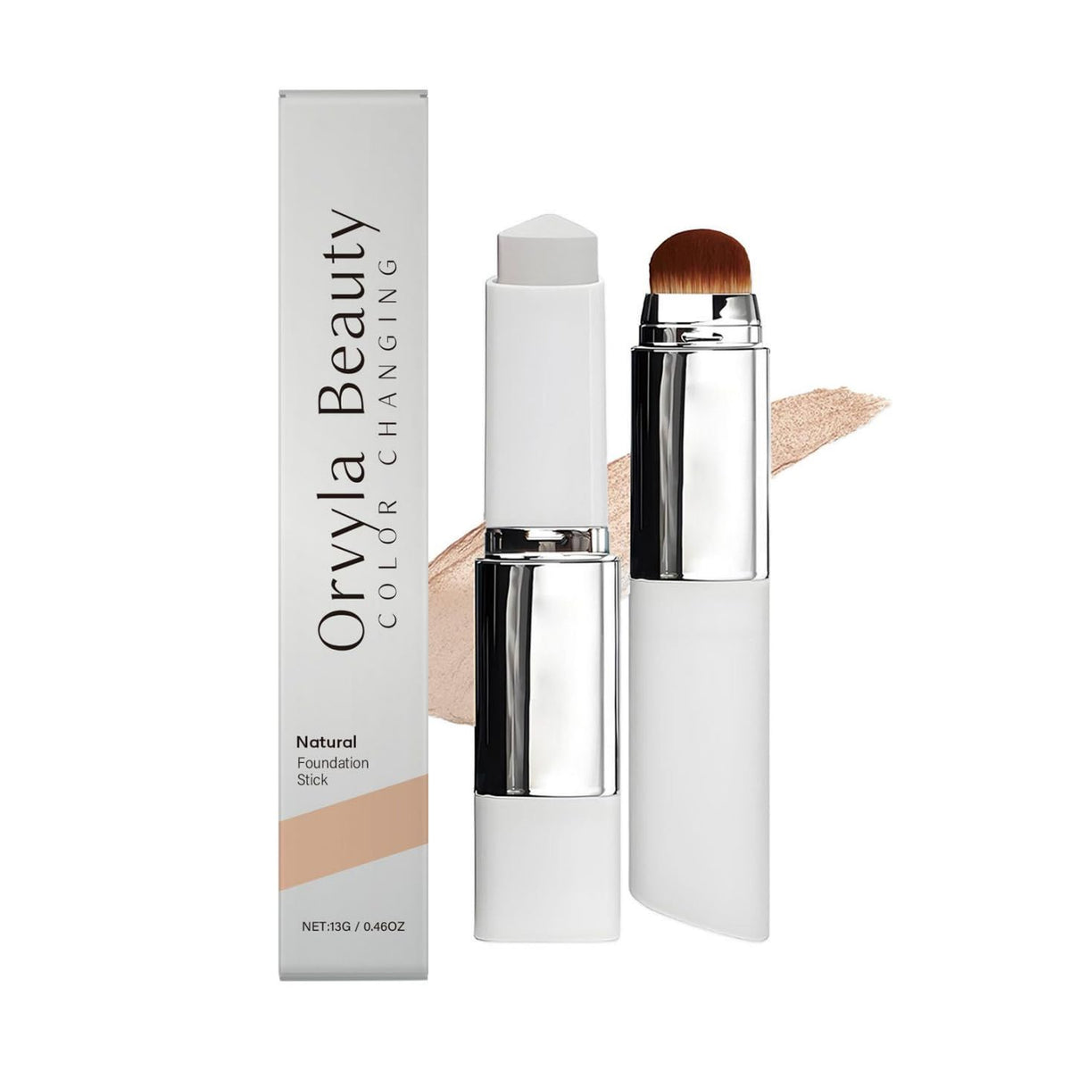Orvyla Beauty front packaging showing the dual-ended foundation stick for quick touch-ups