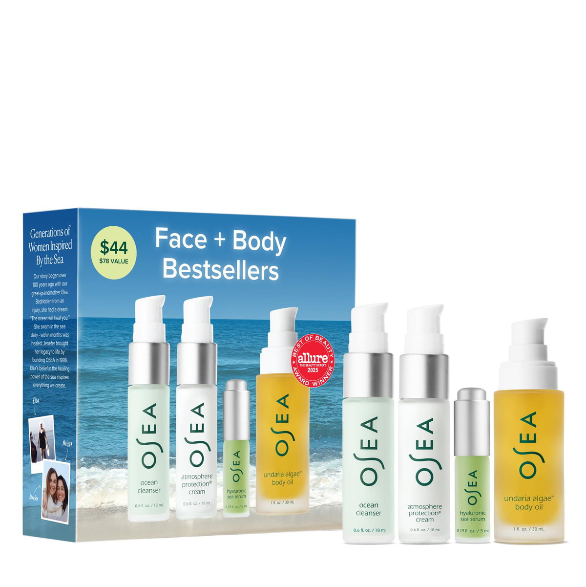 OSEA front packaging travel set showing four mini skin care items for easy routine