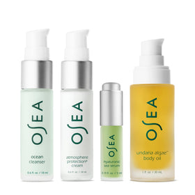 OSEA close-up of cleanser, serum and cream textures illustrating lightweight absorption