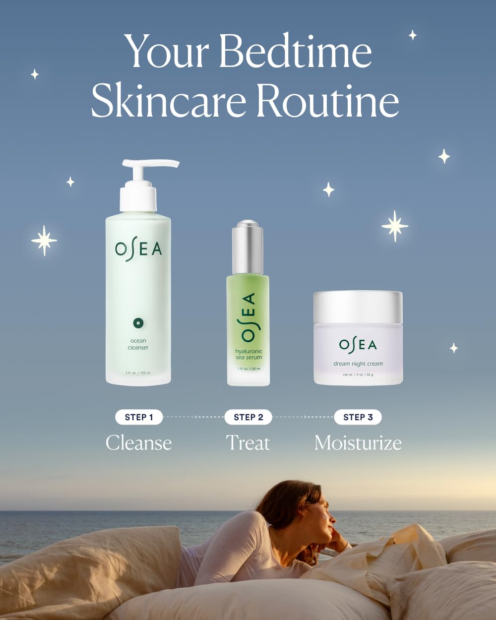 OSEA being applied to cheek demonstrating overnight smoothing benefit