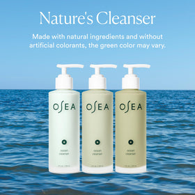 OSEA Ocean Cleanser seaweed and minerals display emphasizing nourishing ingredient benefits