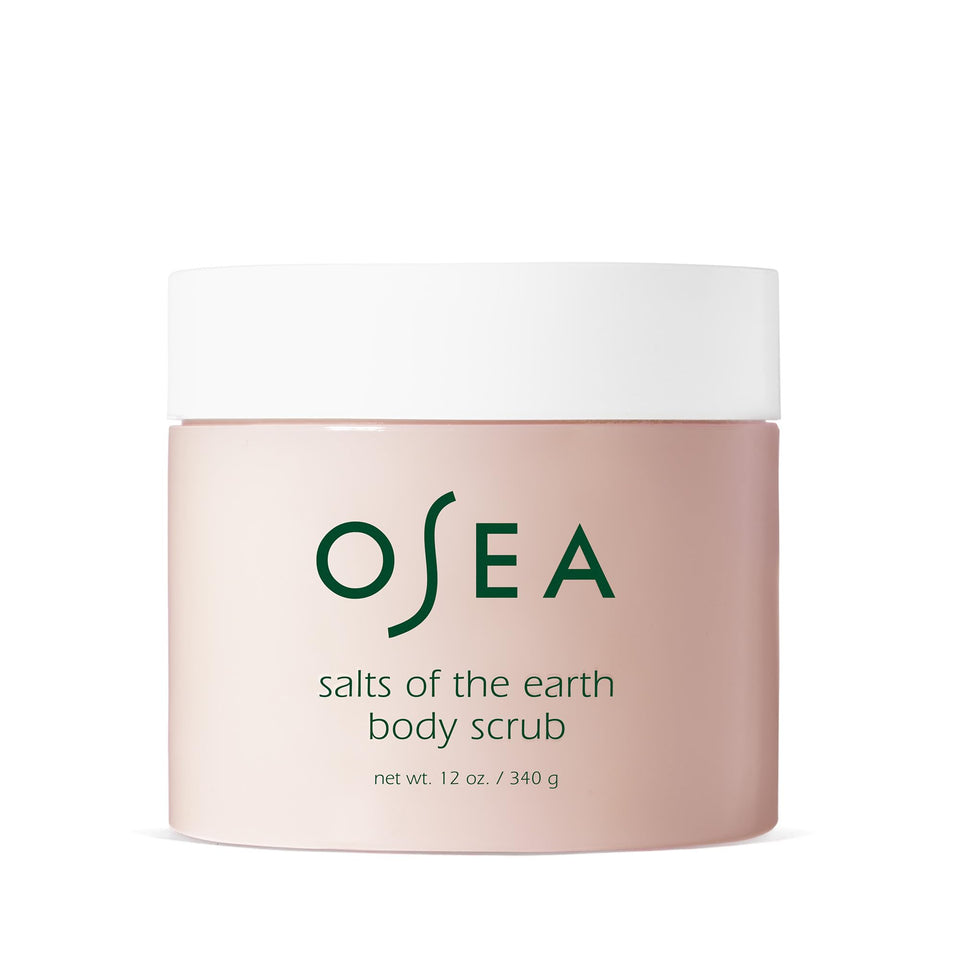 OSEA front jar of salts of the earth body scrub showing packaging and size benefit