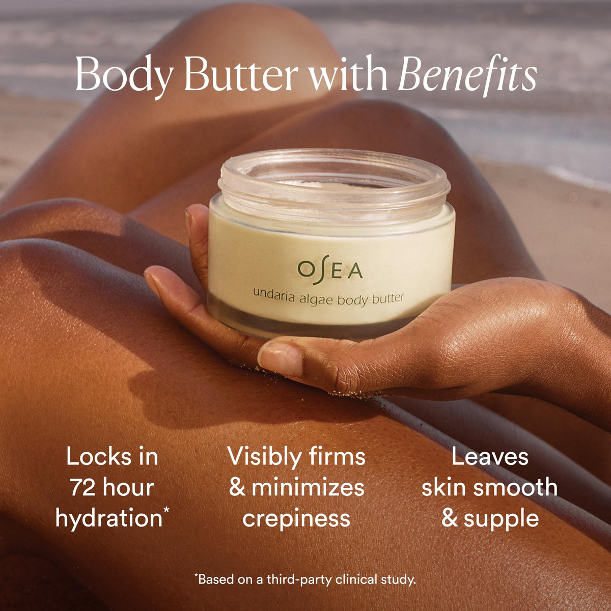 Top-down open OSEA jar revealing rich body butter consistency and nourishment