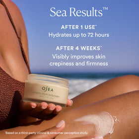 Application pump spreading OSEA body butter onto skin for immediate hydration