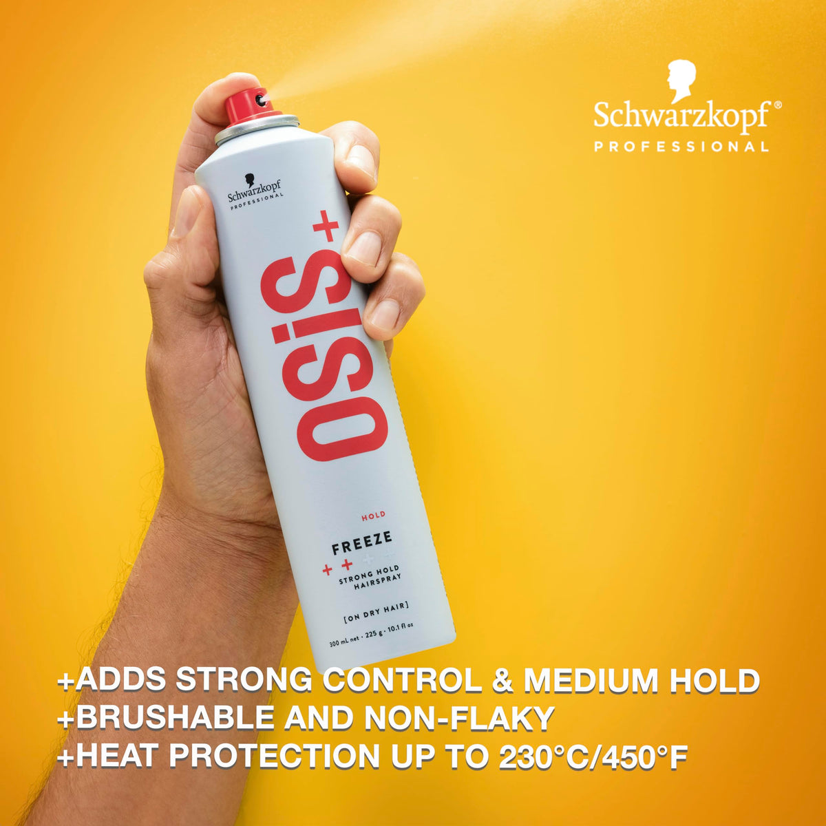 OSiS+ close-up nozzle demonstrating fine mist for even, buildable hold