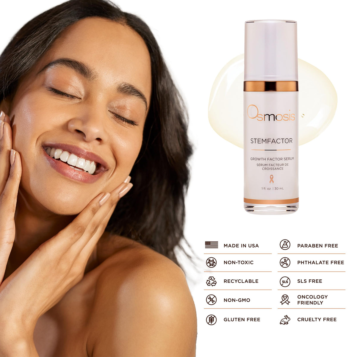 OSMOSIS StemFactor applied to face and neck to show even coverage and improved routine compatibility