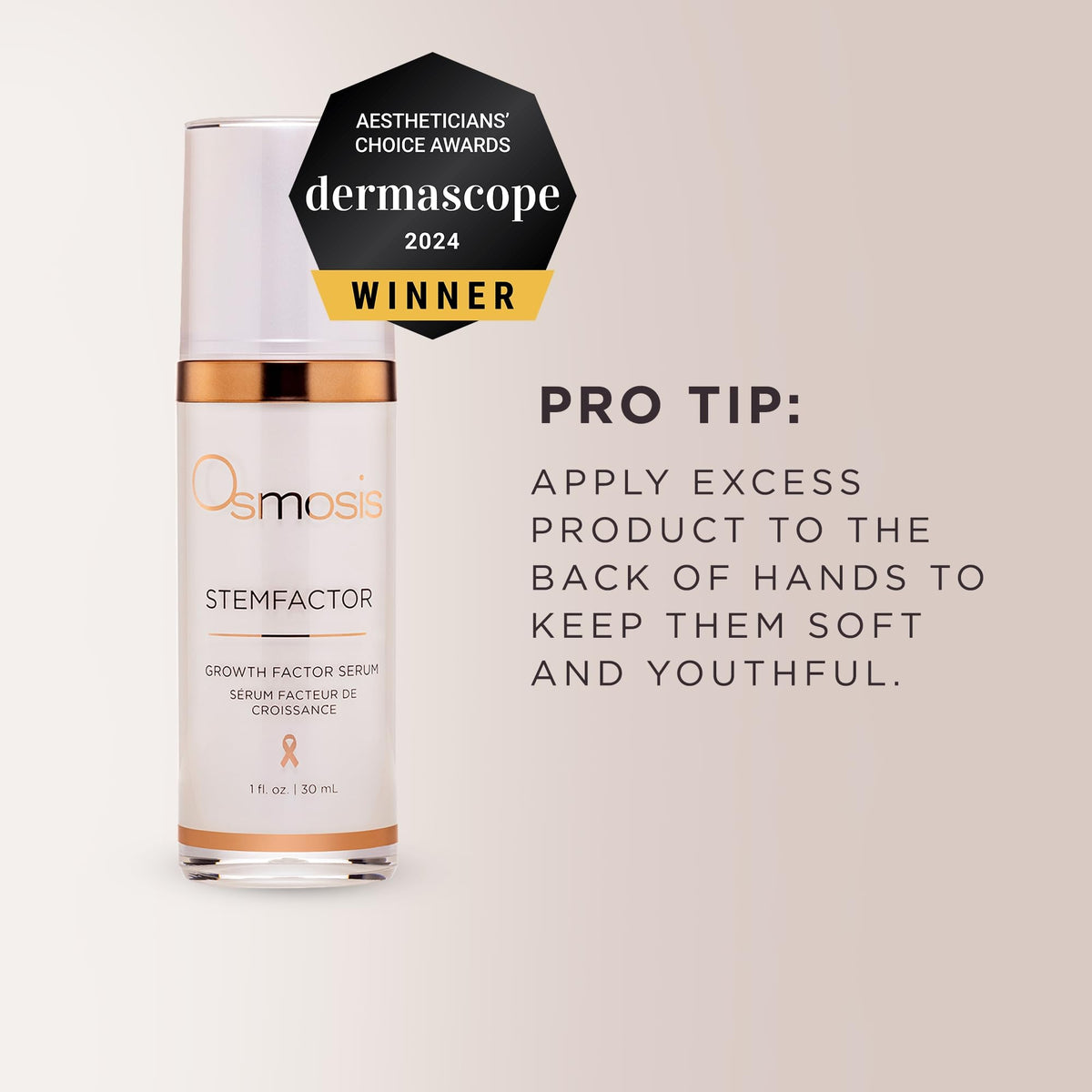 OSMOSIS StemFactor on bathroom vanity staged with skincare items to convey daily routine integration