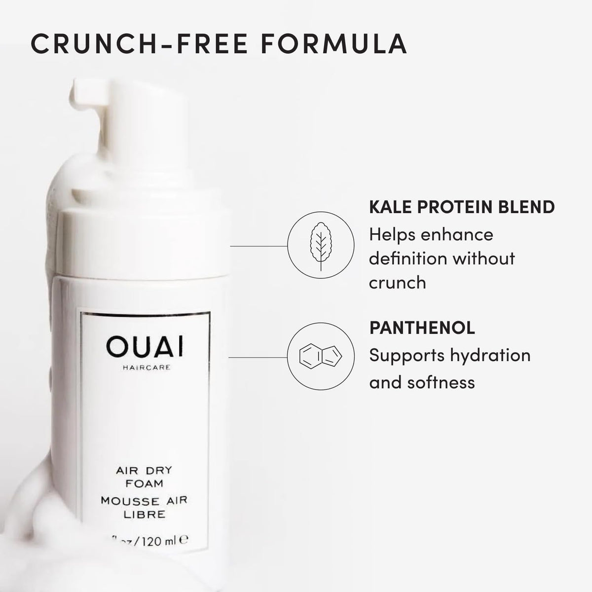 OUAI mousse in hand demonstrating recommended palm-sized amount for styling