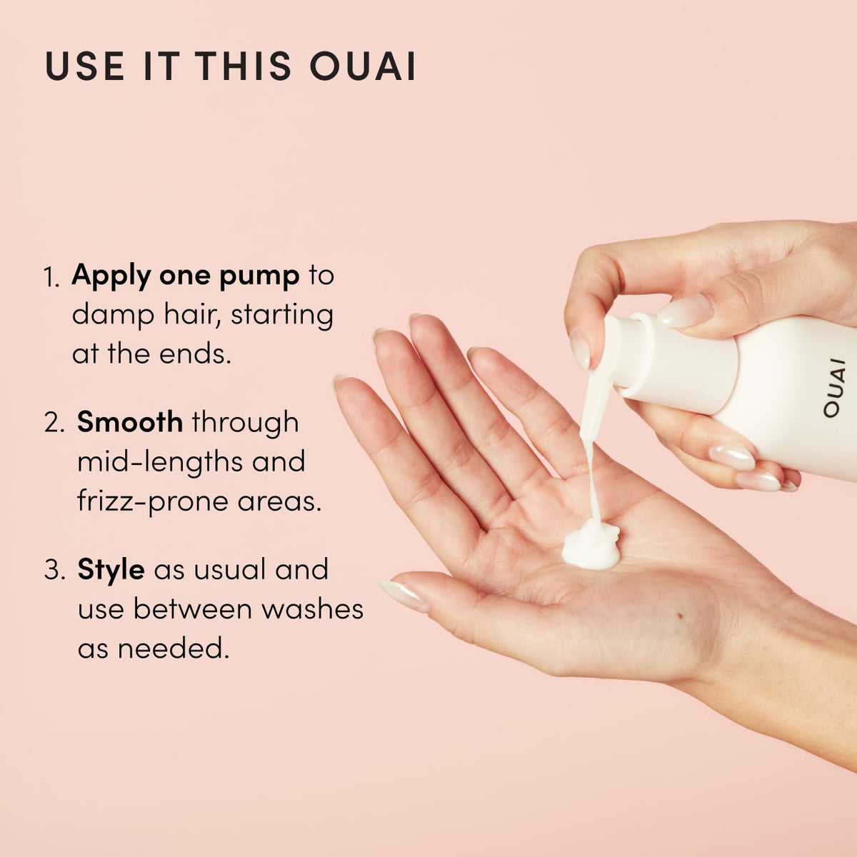 OUAI anti frizz cream before and after photo showing reduced frizz and sleeker results