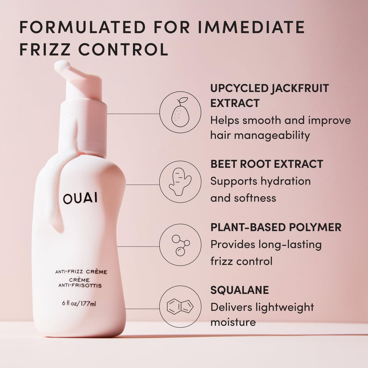 OUAI anti frizz cream with jackfruit and beetroot ingredients showing natural hydration benefits