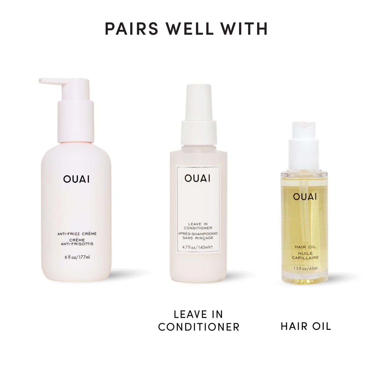 OUAI anti frizz cream label close-up displaying ingredients and sulfate-free formulation benefit