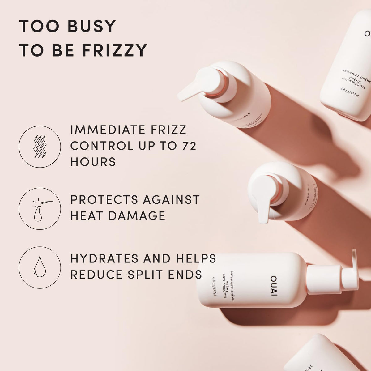 OUAI anti frizz cream texture on palm illustrating lightweight creamy formula and easy spreadability