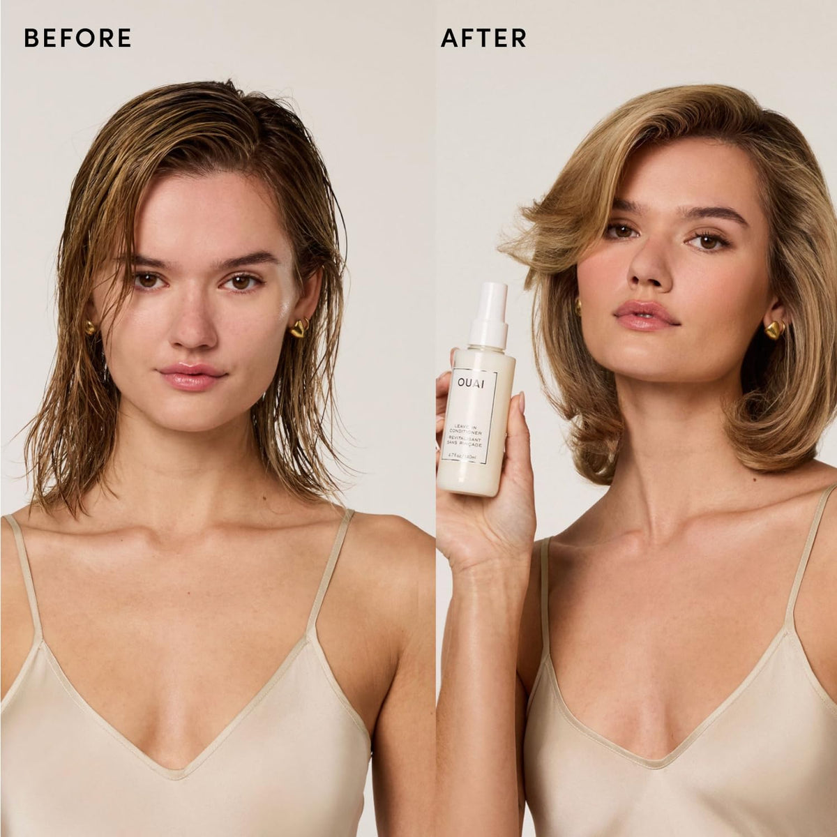 OUAI before and after styling comparison showing reduced frizz