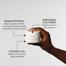 OUAI body exfoliation in use showing smooth, moisturized skin results