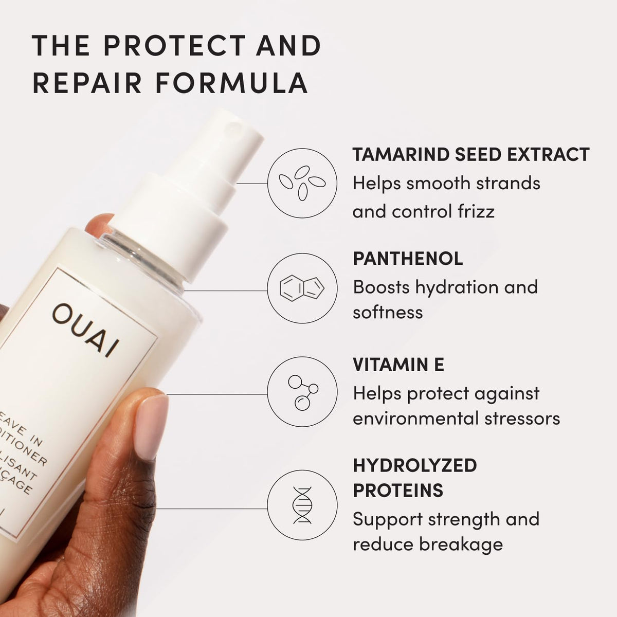 OUAI bottle label visible with ingredient highlights and benefits