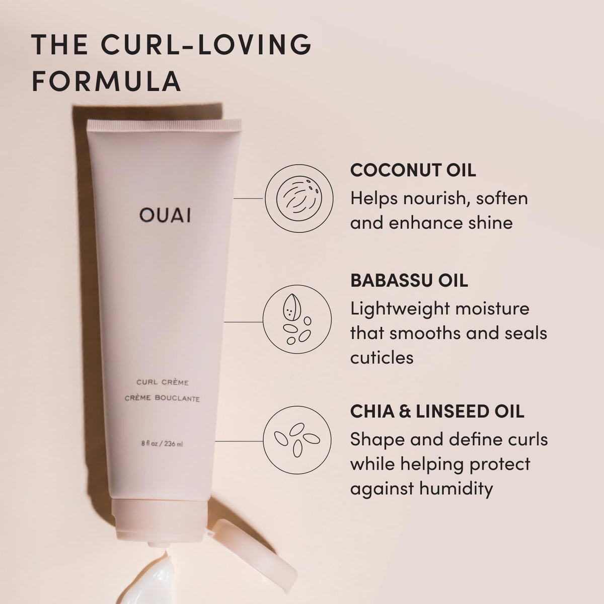 OUAI curl cream dollop on palm showing smooth texture and spreadability