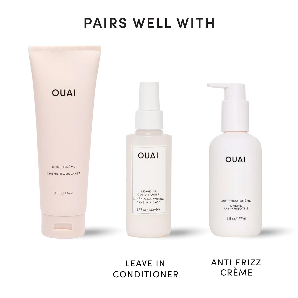 OUAI curl cream in a beach bag with styled waves showing travel-ready, humidity-friendly styling