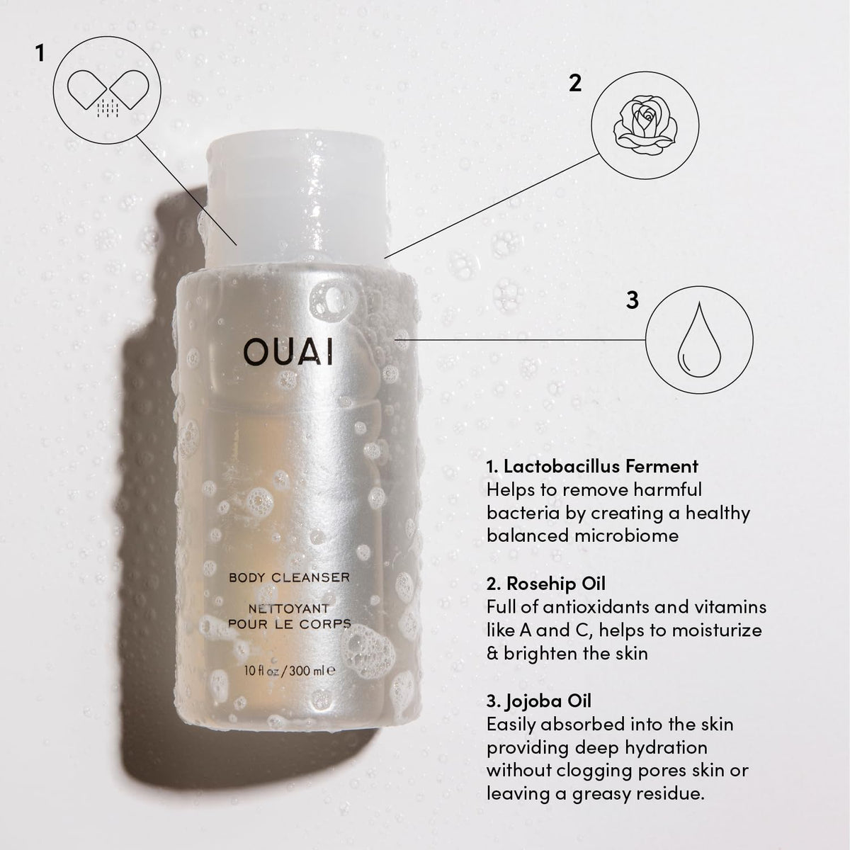 OUAI close-up of airy foam texture highlighting gentle lather benefit