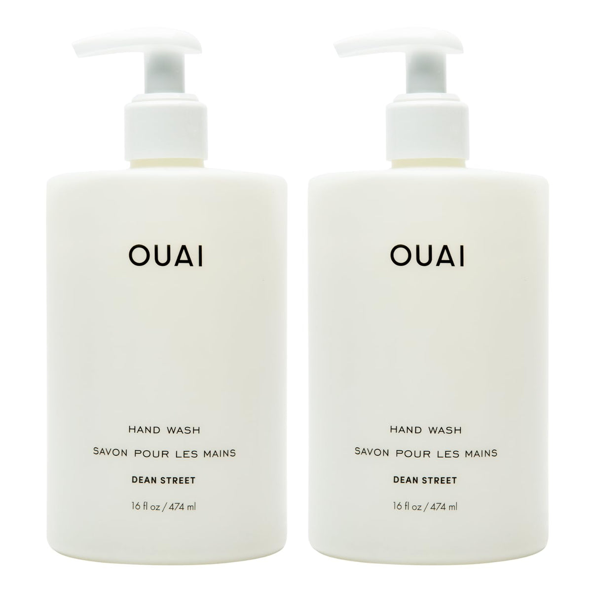 OUAI Dean Street full-size bottle front view showing label and sleek design benefit: clear product ID