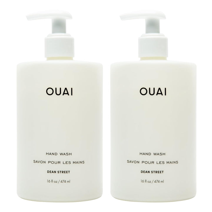 OUAI Dean Street full-size bottle front view showing label and sleek design benefit: clear product ID