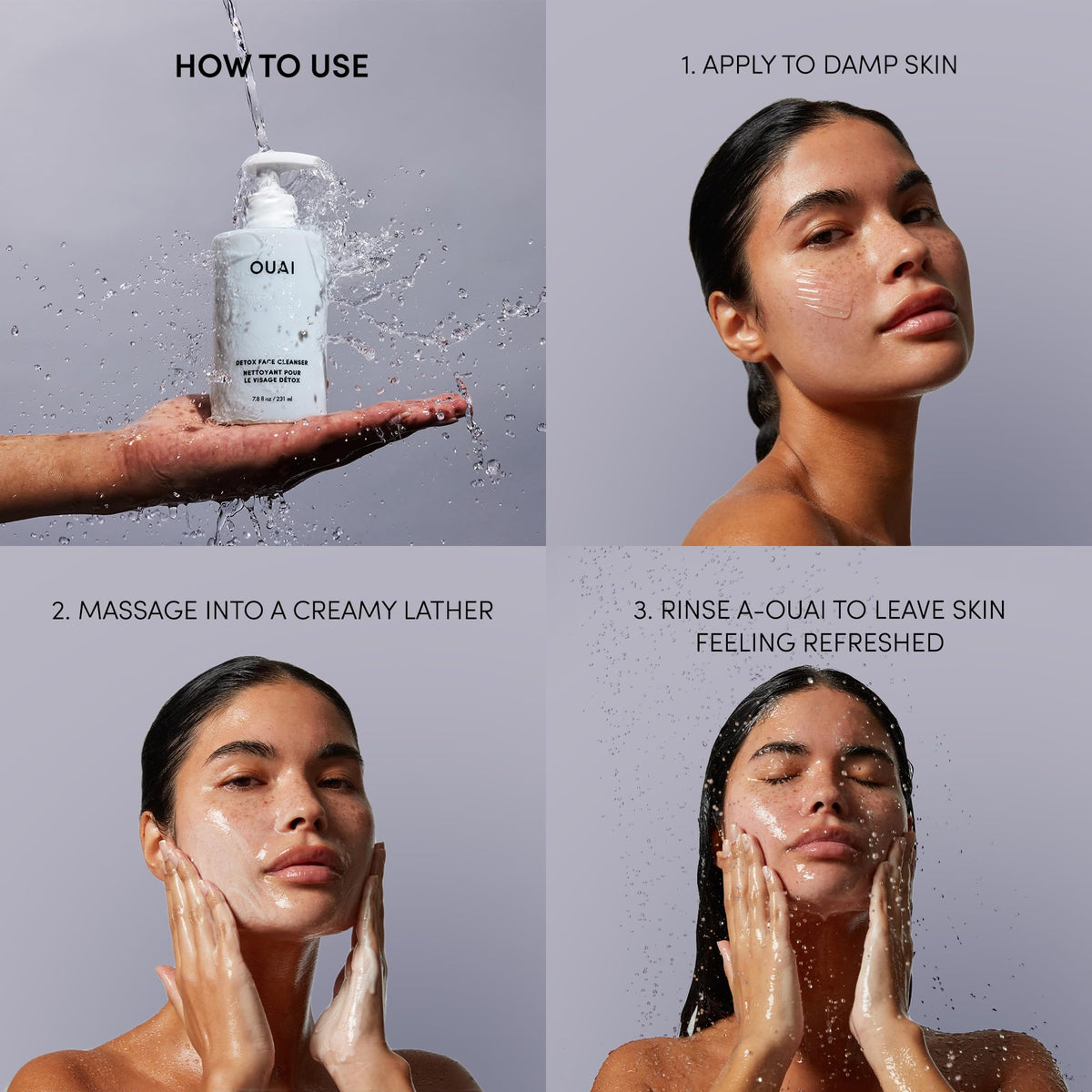 OUAI in-shower use image illustrating post-workout refresh and thorough cleanse
