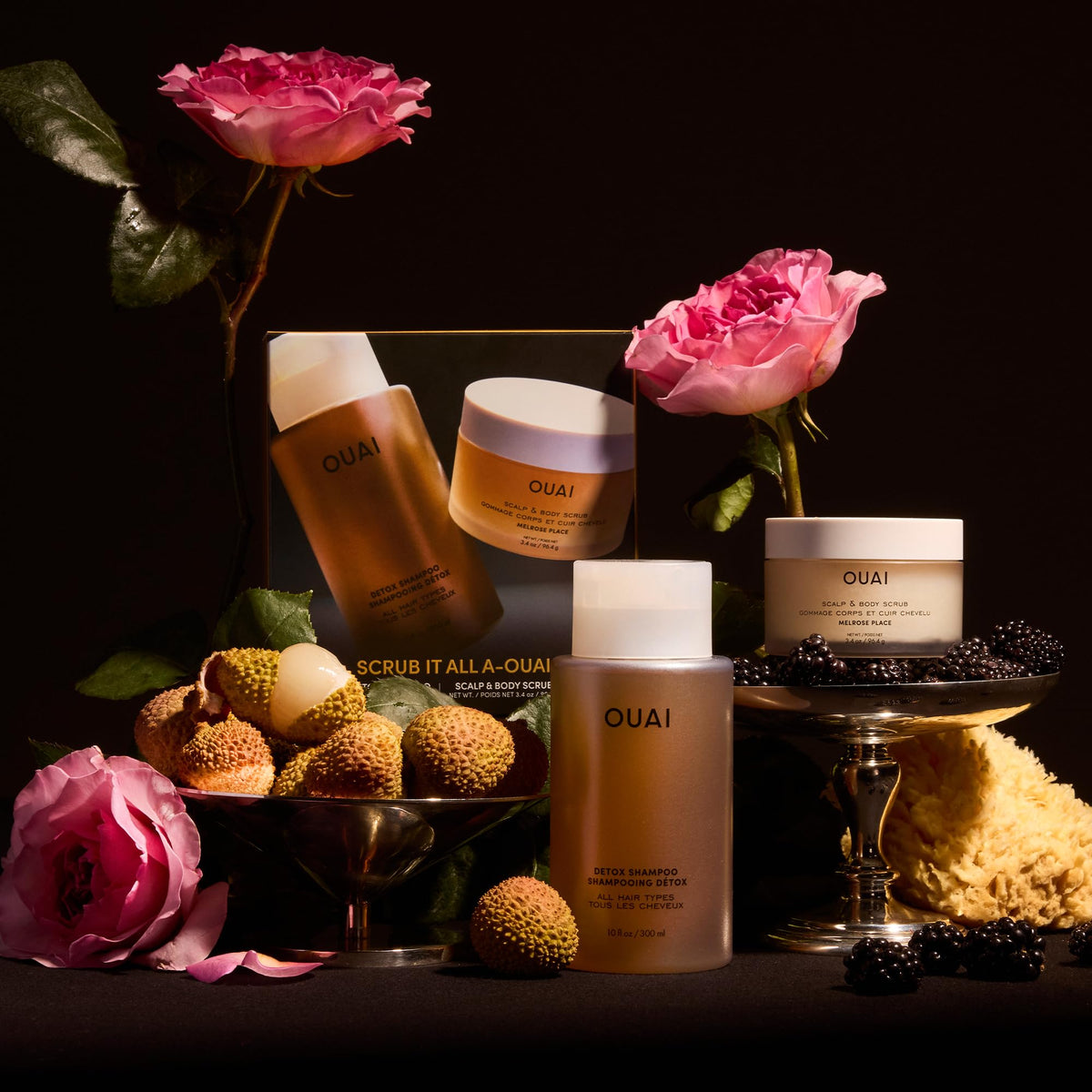 OUAI two-piece hair care set flatlay demonstrating a complete detox and exfoliation routine