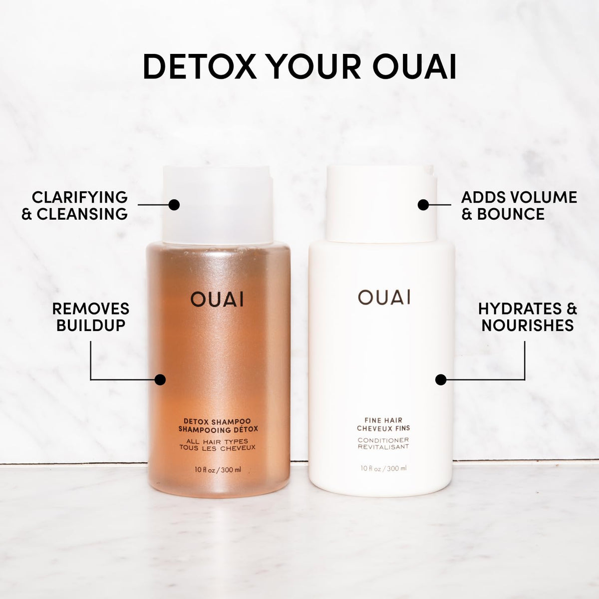 OUAI fine conditioner front packaging displaying slim bottle for lightweight volume