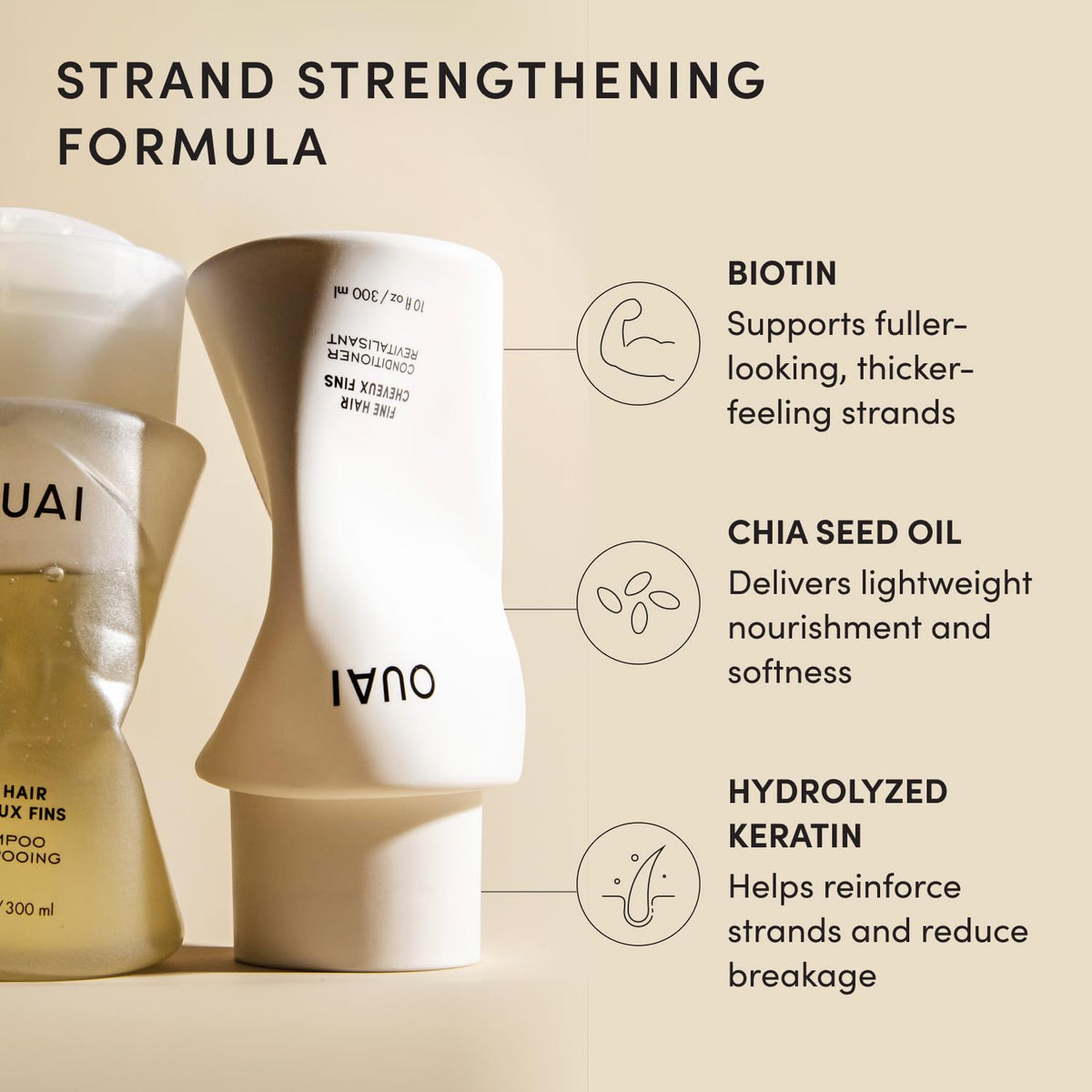 OUAI conditioner applied to hair ends to illustrate moisturized finish