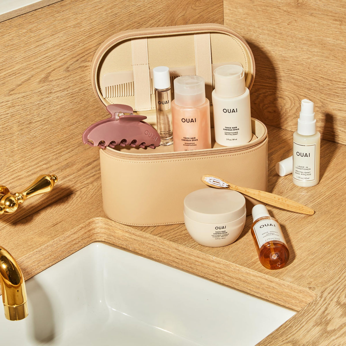 OUAI conditioner on bathroom shelf staged for daily routine, adds effortless volume benefit
