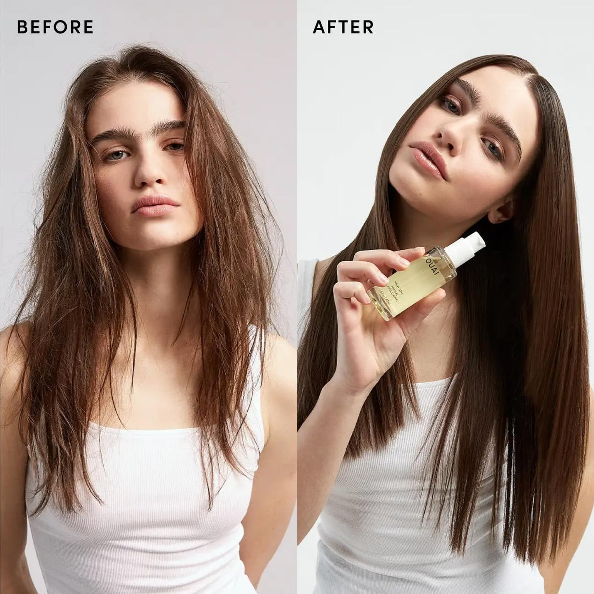 OUAI hair oil before and after on dry hair smoothing frizz and shine