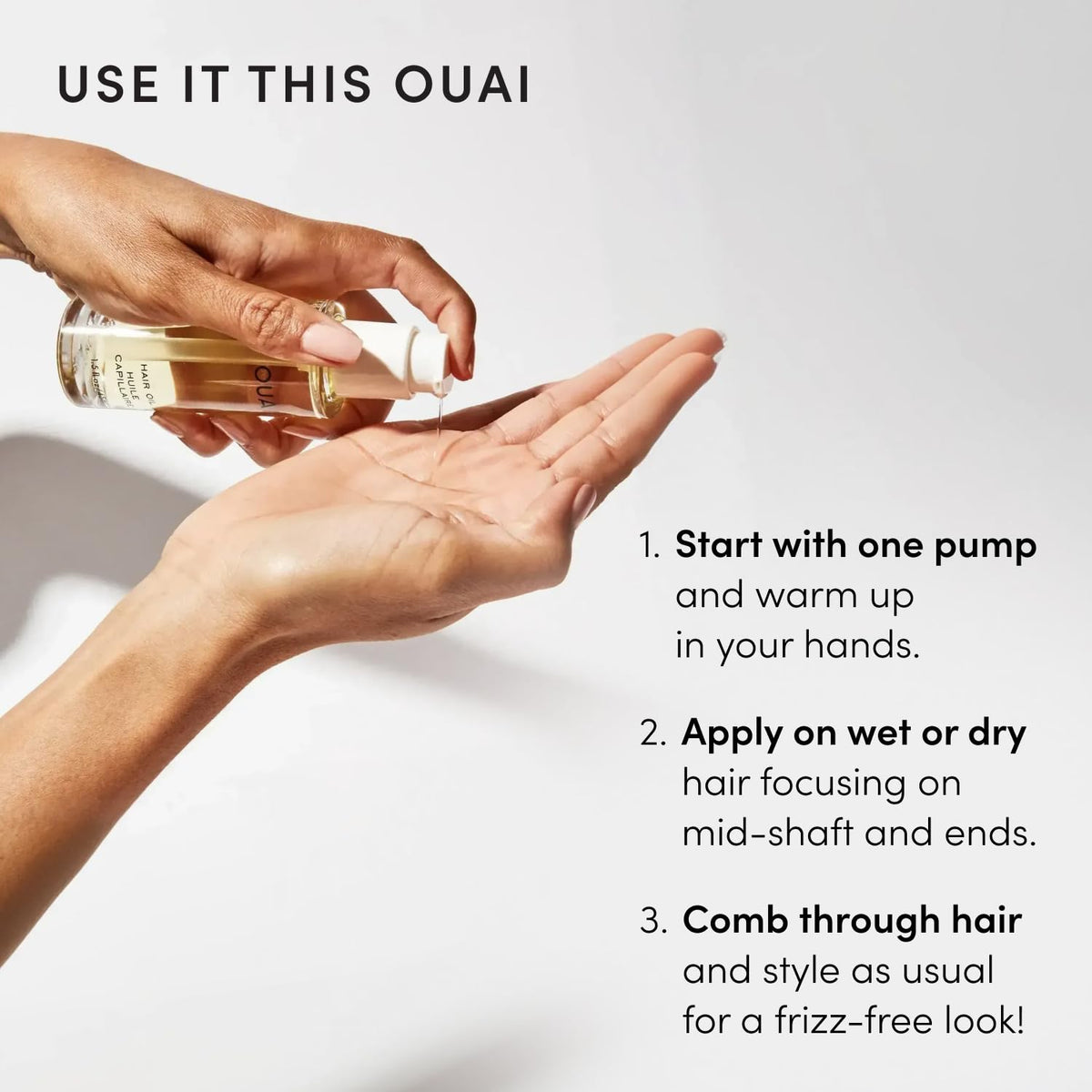 OUAI hair oil with baobab and ama oils highlighting nourishing ingredients